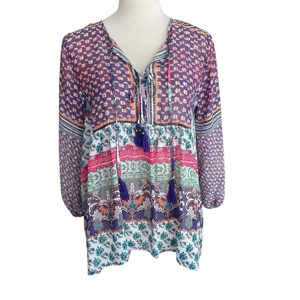 American Rag‎ Semi Sheer Floral Peasant Purple Pink Boho Tunic Top Women Size S
